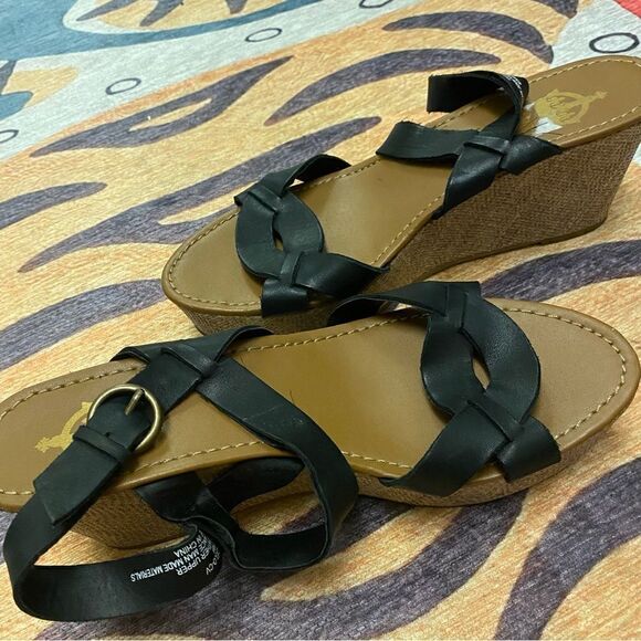 Crown vintage strappy black platform shoes/wedges/espadrilles - Picture 1 of 7